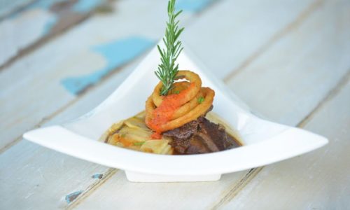 Braised Beef Cheeks, Potato and Sweet Potato Galette in Red Wine French Onion (GF)