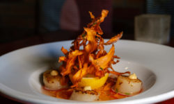Seared Scallops in ginger, chilli and seeded mustard dressing, Crispy Sweet Potato (GF)